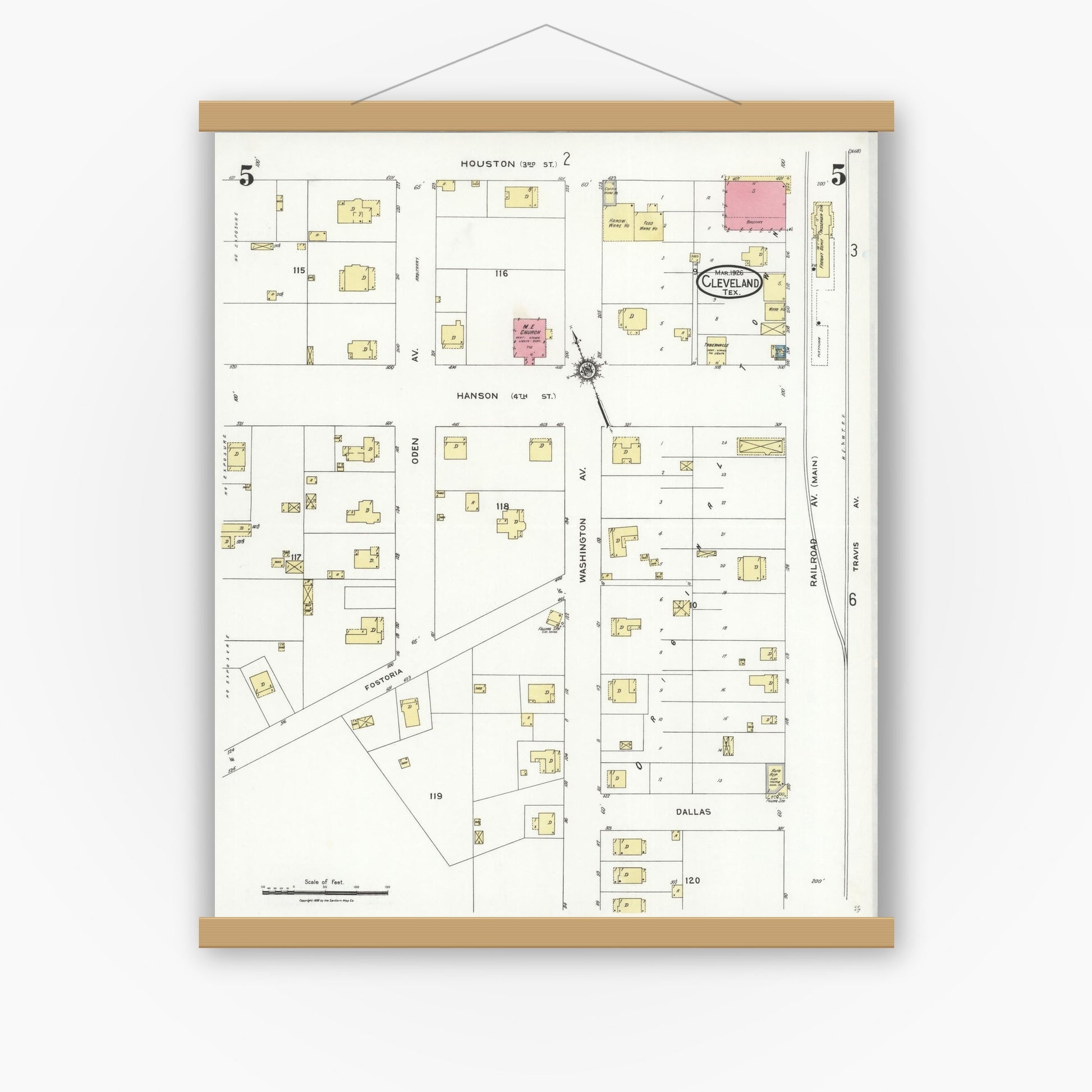 Old map wall art mockup — magnetic wood frame on white wall — Sanborn Fire Insurance Map from Cleveland, Liberty County, Texas (1926), Sheet #0005