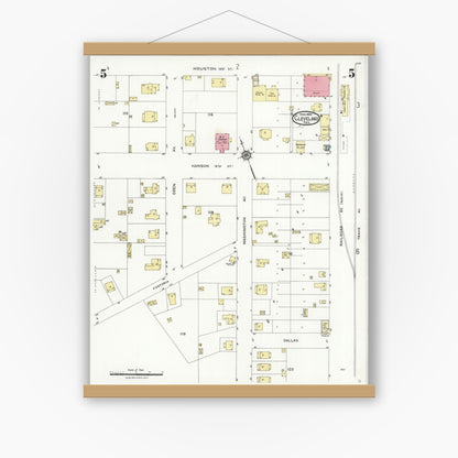 Old map wall art mockup — magnetic wood frame on white wall — Sanborn Fire Insurance Map from Cleveland, Liberty County, Texas (1926), Sheet #0005