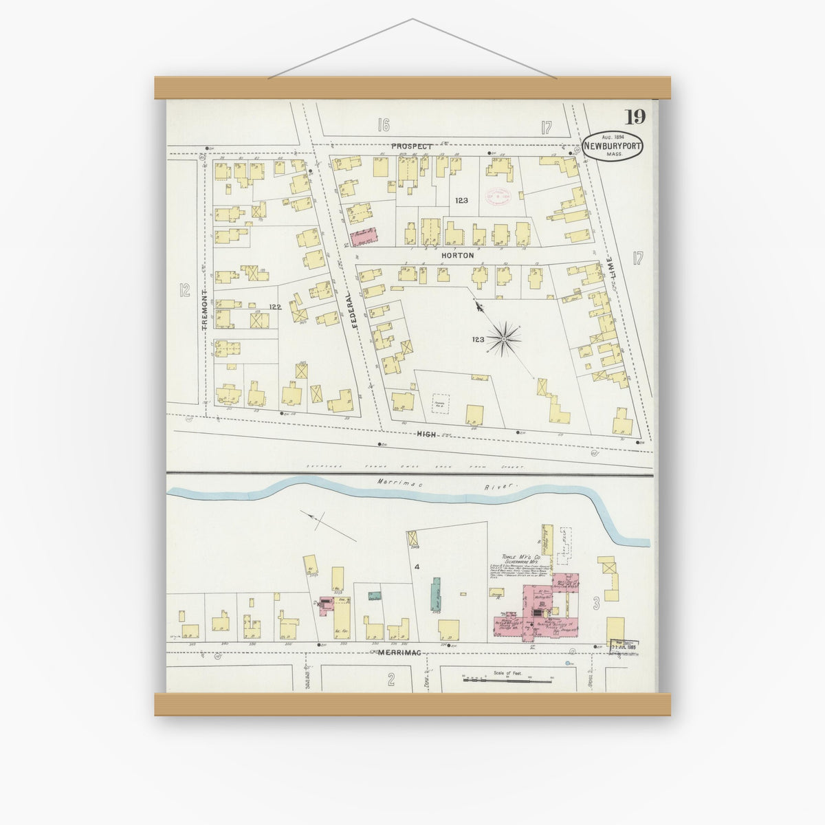 Old map wall art mockup — magnetic wood frame on white wall — Sanborn Fire Insurance Map from Newburyport, Essex County, Massachusetts (1894), Sheet #0019
