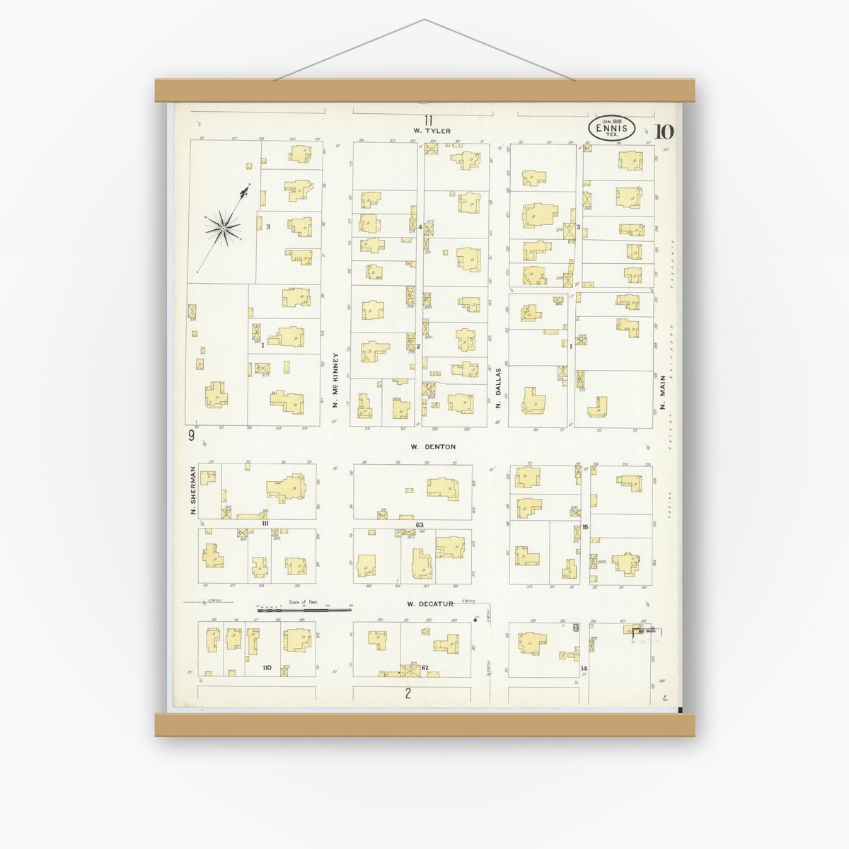 Old map wall art mockup — magnetic wood frame on white wall — Sanborn Fire Insurance Map from Ennis, Ellis County, Texas (1909), Sheet #0010