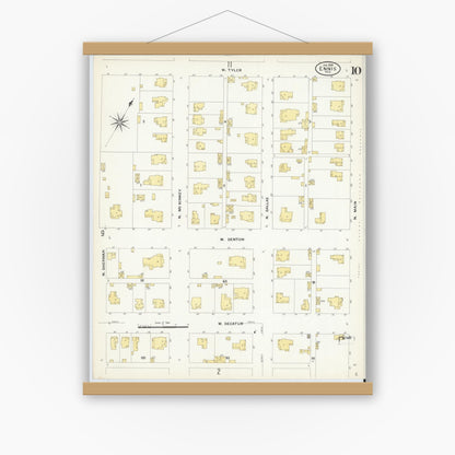 Old map wall art mockup — magnetic wood frame on white wall — Sanborn Fire Insurance Map from Ennis, Ellis County, Texas (1909), Sheet #0010