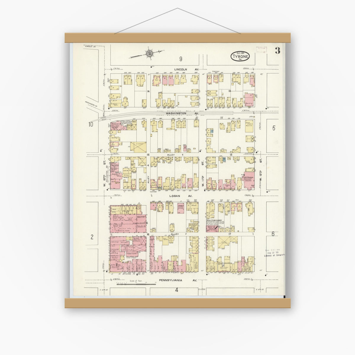Old map wall art mockup — magnetic wood frame on white wall — Sanborn Fire Insurance Map from Tyrone, Blair County, Pennsylvania (1911), Sheet #0003