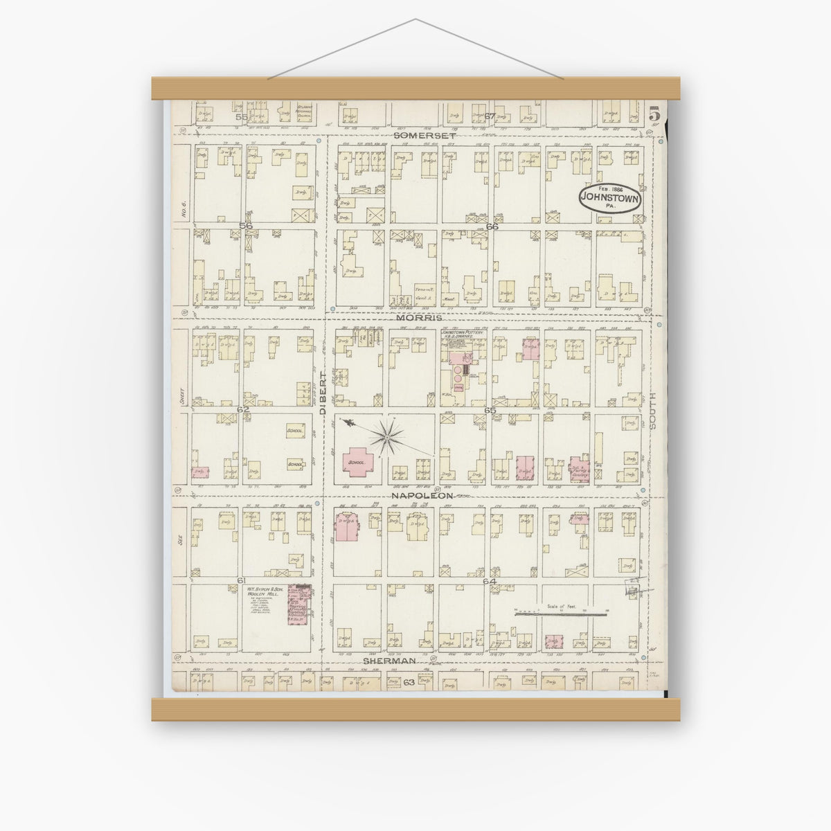 Old map wall art mockup — magnetic wood frame on white wall — Sanborn Fire Insurance Map from Johnstown, Cambria County, Pennsylvania (1886), Sheet #0005