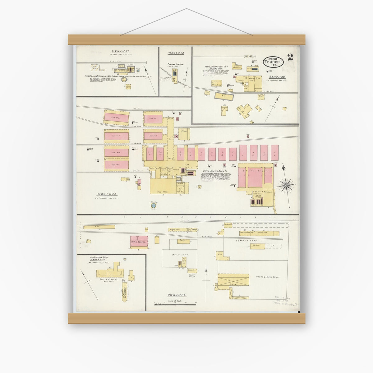 Old map wall art mockup — magnetic wood frame on white wall — Sanborn Fire Insurance Map from Thurber, Erath County, Texas (1905), Sheet #0002