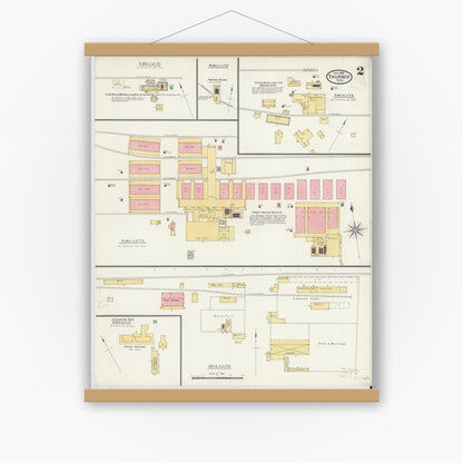 Old map wall art mockup — magnetic wood frame on white wall — Sanborn Fire Insurance Map from Thurber, Erath County, Texas (1905), Sheet #0002