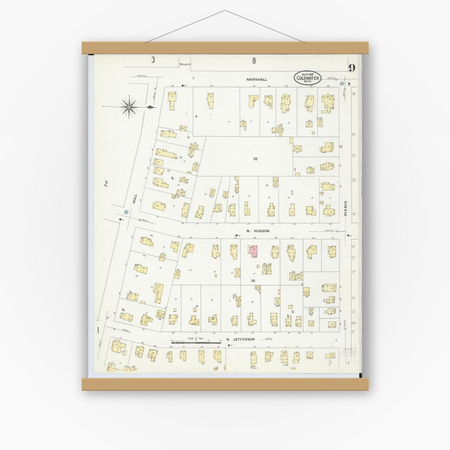 Old map wall art mockup — magnetic wood frame on white wall — Sanborn Fire Insurance Map from Coldwater, Branch County, Michigan (1908), Sheet #0009