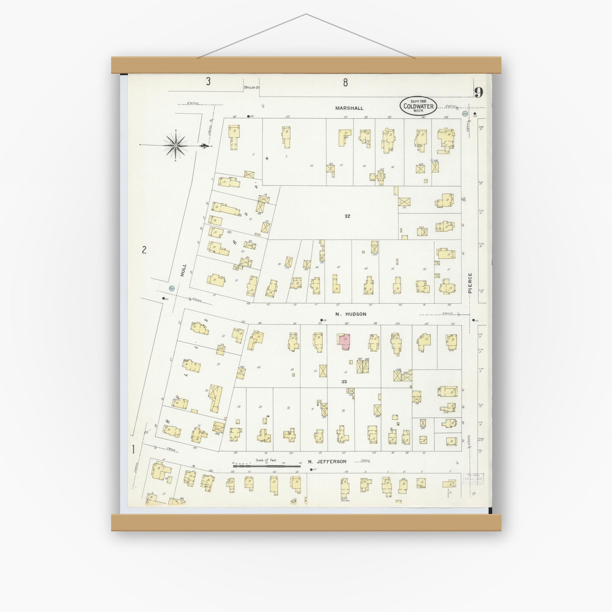Old map wall art mockup — magnetic wood frame on white wall — Sanborn Fire Insurance Map from Coldwater, Branch County, Michigan (1908), Sheet #0009