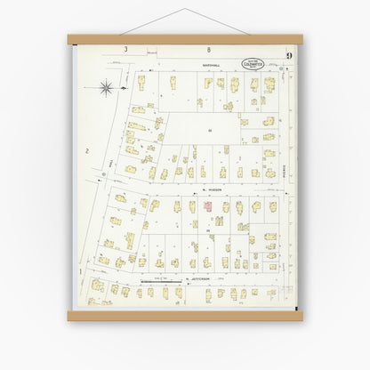 Old map wall art mockup — magnetic wood frame on white wall — Sanborn Fire Insurance Map from Coldwater, Branch County, Michigan (1908), Sheet #0009