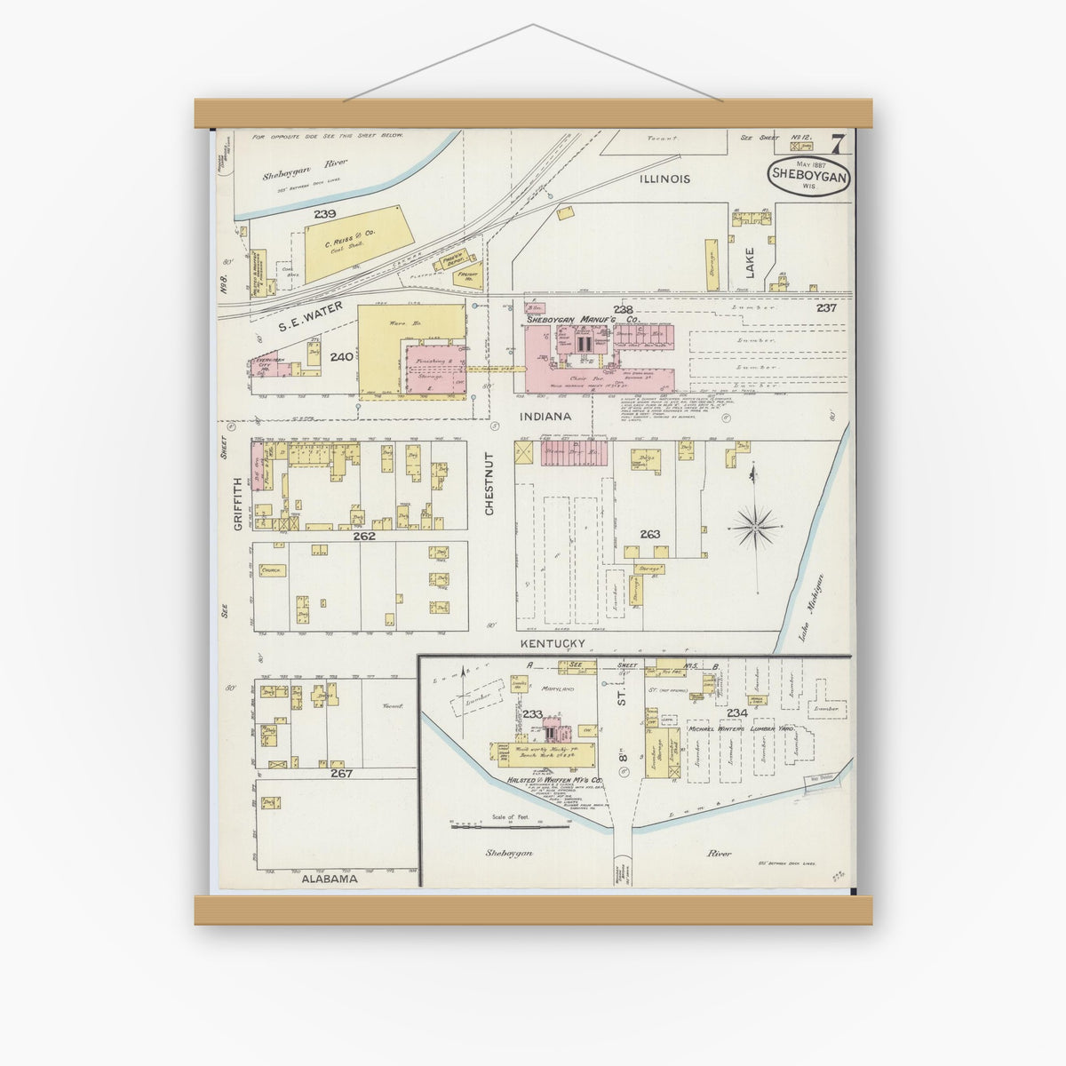 Old map wall art mockup — magnetic wood frame on white wall — Sanborn Fire Insurance Map from Sheboygan, Sheboygan County, Wisconsin (1887), Sheet #0007