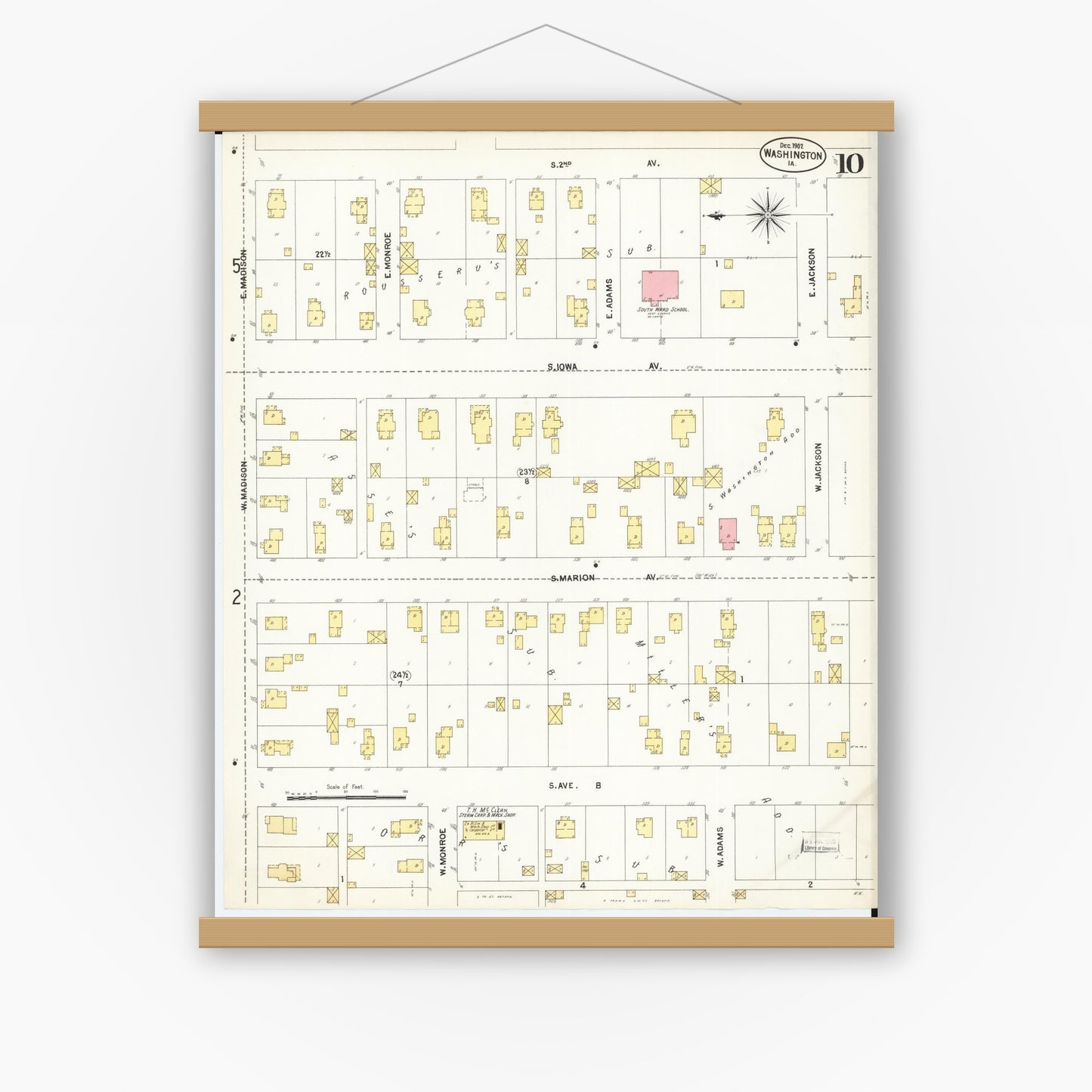 Old map wall art mockup — magnetic wood frame on white wall — Sanborn Fire Insurance Map from Washington, Washington County, Iowa (1902), Sheet #0010