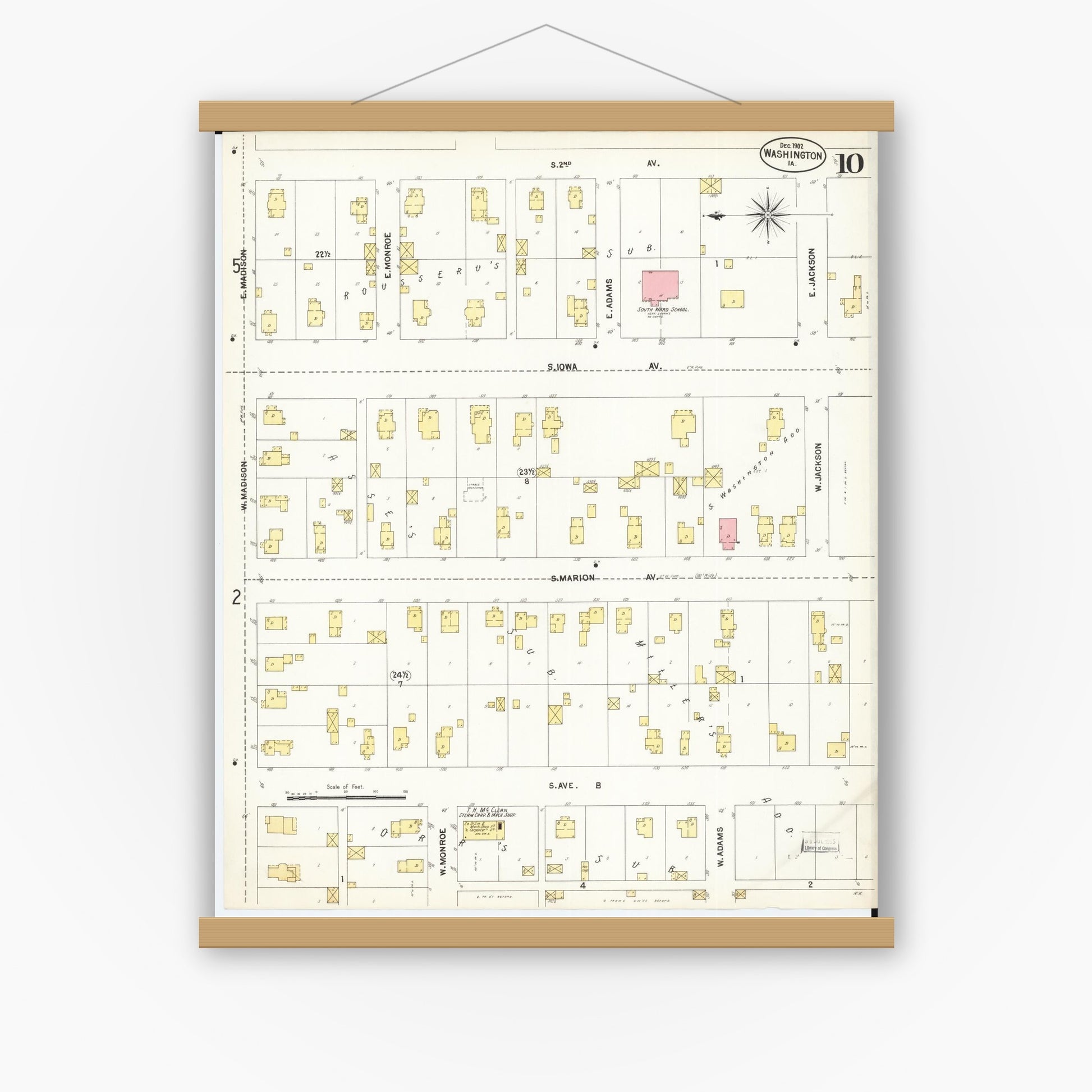 Old map wall art mockup — magnetic wood frame on white wall — Sanborn Fire Insurance Map from Washington, Washington County, Iowa (1902), Sheet #0010