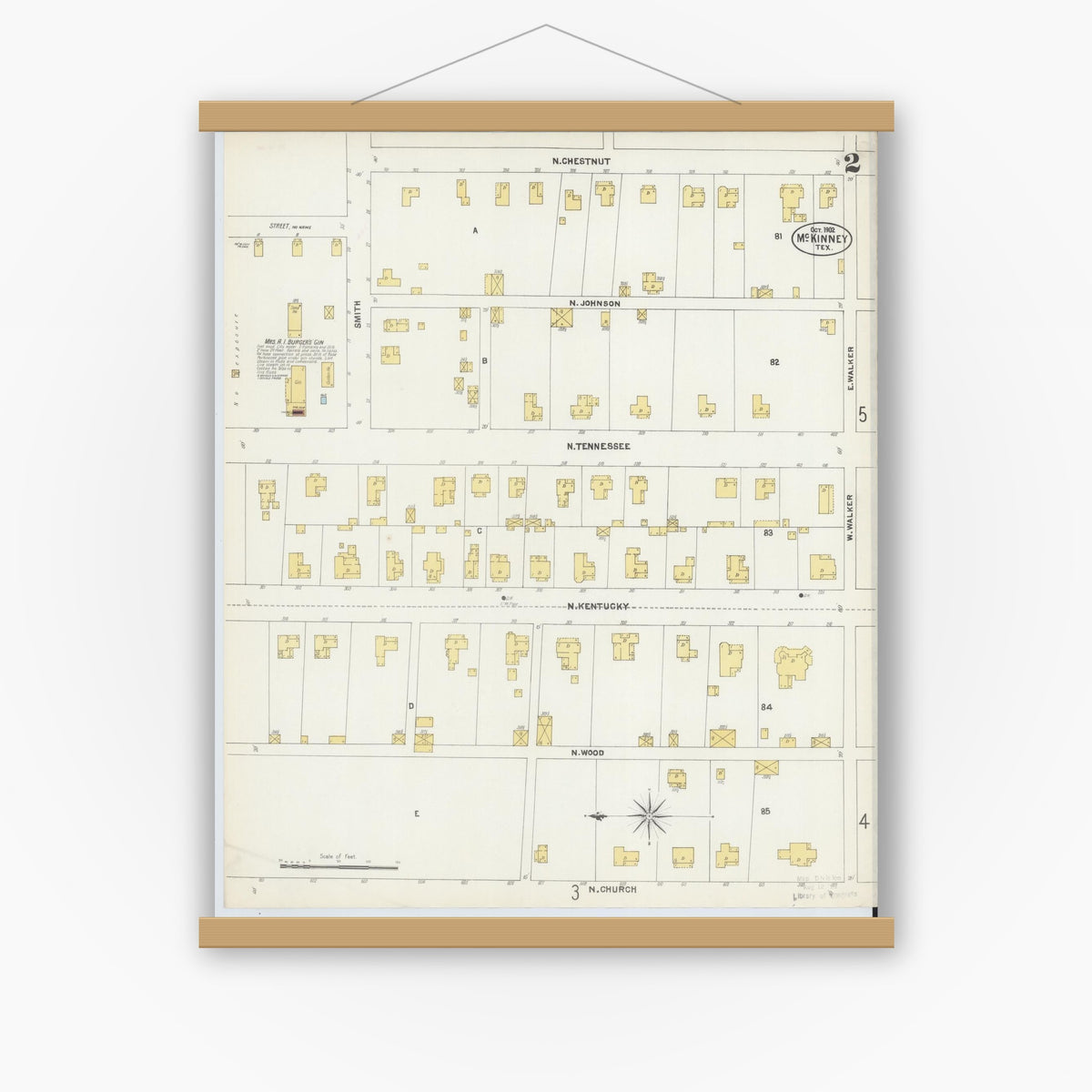 Old map wall art mockup — magnetic wood frame on white wall — Sanborn Fire Insurance Map from McKinney, Collin County, Texas (1902), Sheet #0002