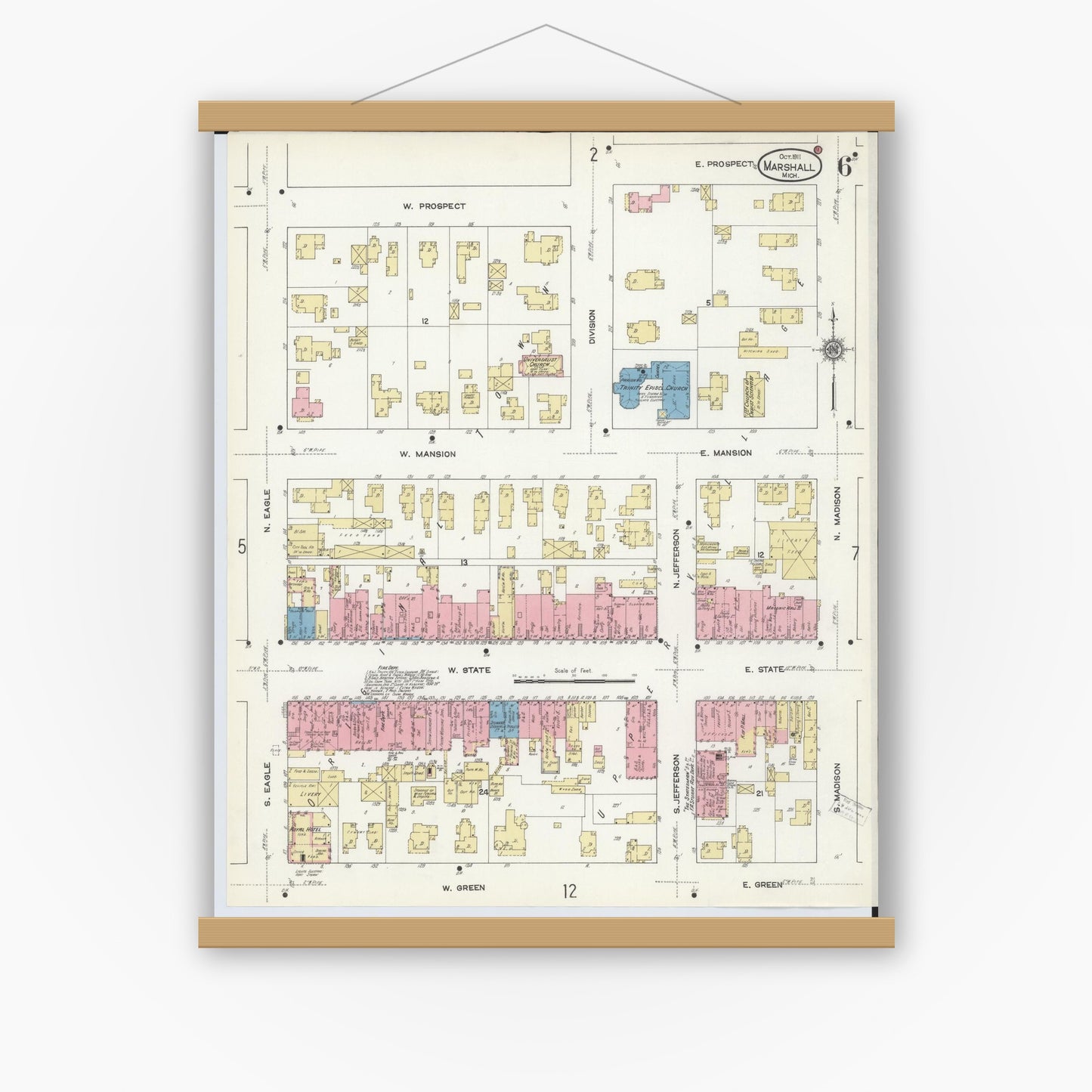 Old map wall art mockup — magnetic wood frame on white wall — Sanborn Fire Insurance Map from Marshall, Calhoun County, Michigan (1911), Sheet #0006