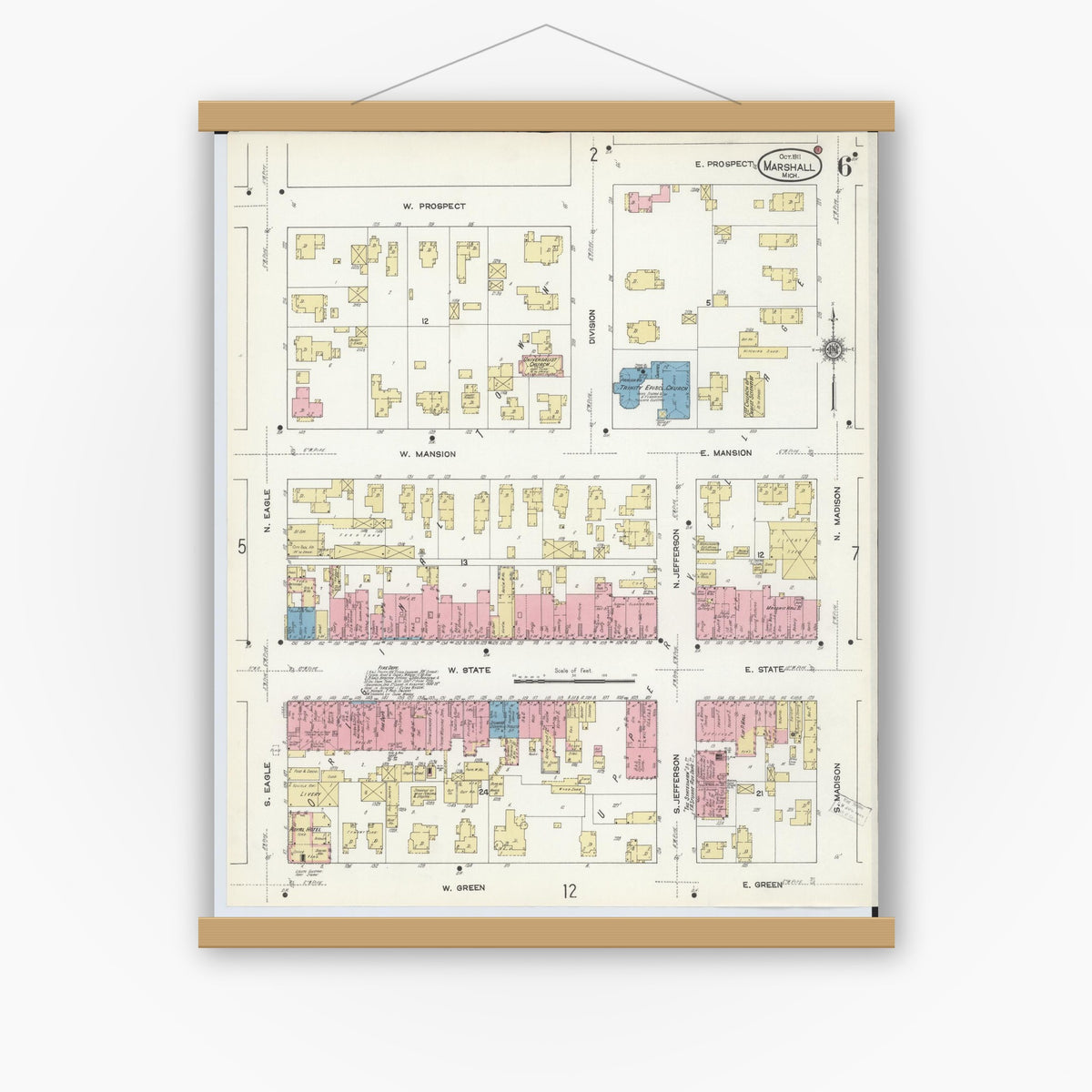 Old map wall art mockup — magnetic wood frame on white wall — Sanborn Fire Insurance Map from Marshall, Calhoun County, Michigan (1911), Sheet #0006