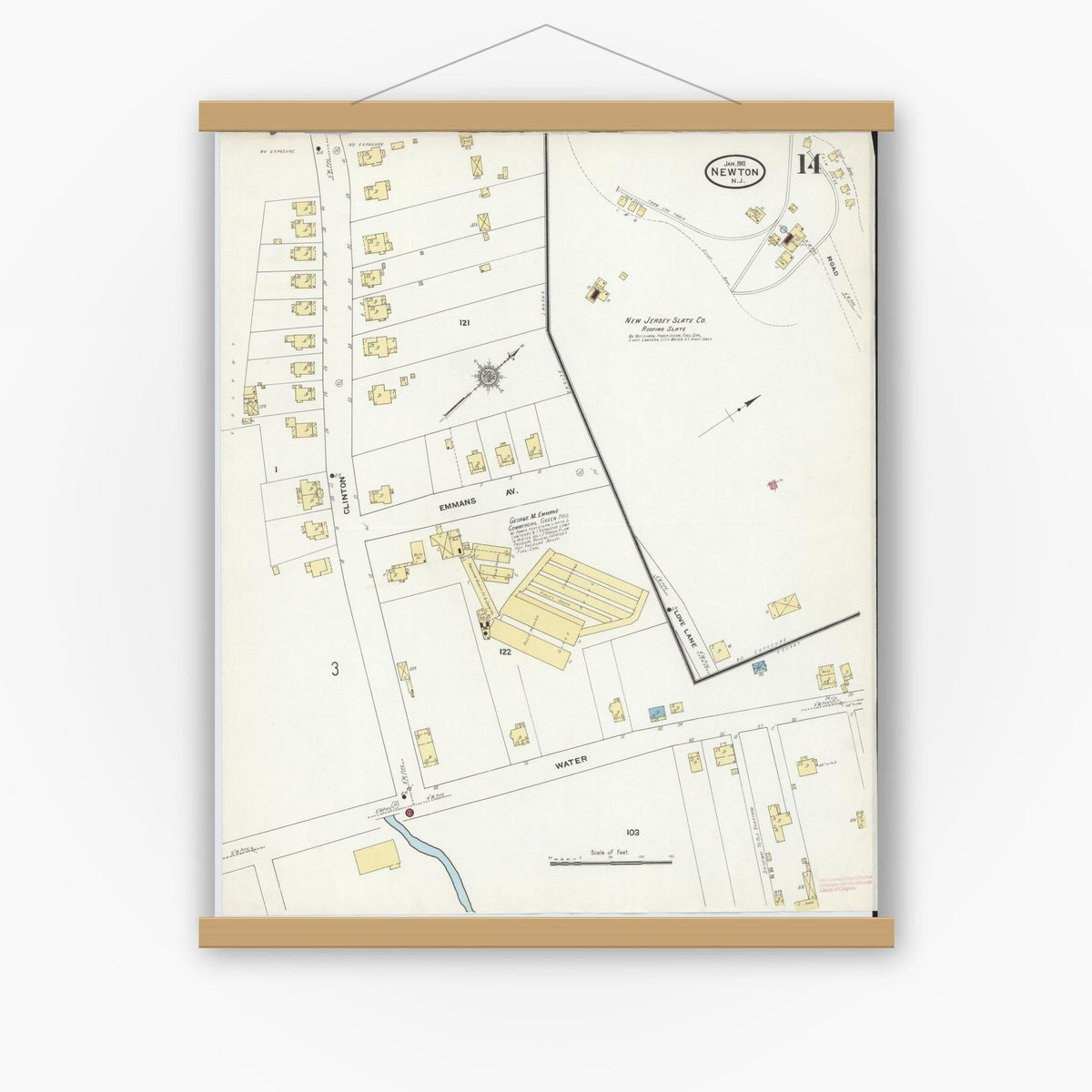 Old map wall art mockup — magnetic wood frame on white wall — Sanborn Fire Insurance Map from Newton, Sussex County, New Jersey (1911), Sheet #0014