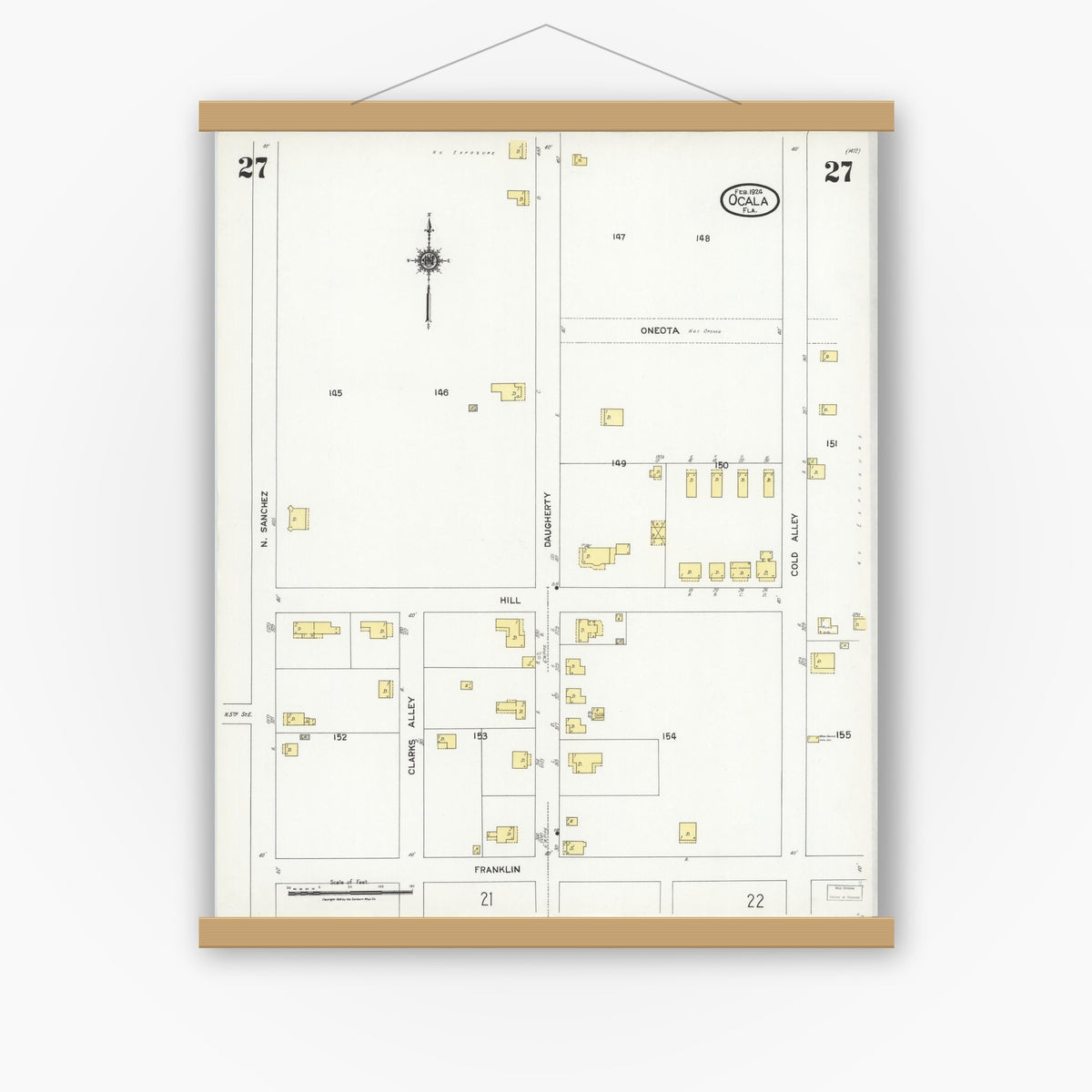 Old map wall art mockup — magnetic wood frame on white wall — Sanborn Fire Insurance Map from Ocala, Marion County, Florida (1924), Sheet #0027