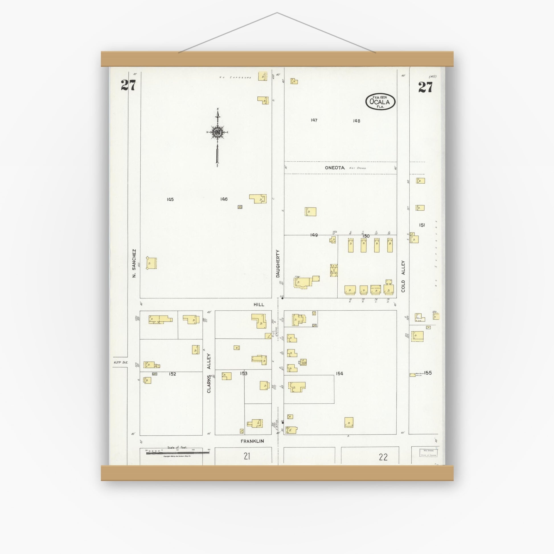 Old map wall art mockup — magnetic wood frame on white wall — Sanborn Fire Insurance Map from Ocala, Marion County, Florida (1924), Sheet #0027