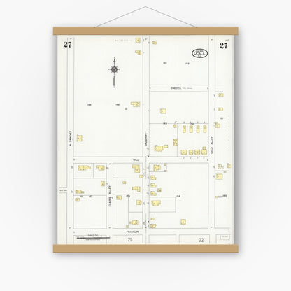 Old map wall art mockup — magnetic wood frame on white wall — Sanborn Fire Insurance Map from Ocala, Marion County, Florida (1924), Sheet #0027