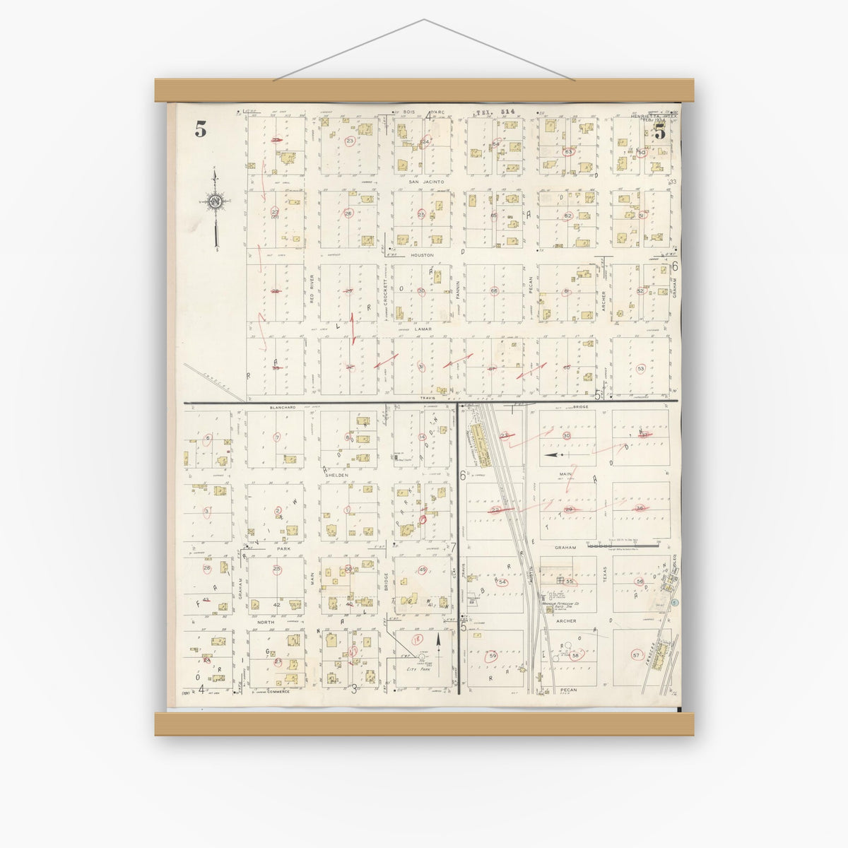 Old map wall art mockup — magnetic wood frame on white wall — Sanborn Fire Insurance Map from Henrietta, Clay County, Texas (1944), Sheet #0005