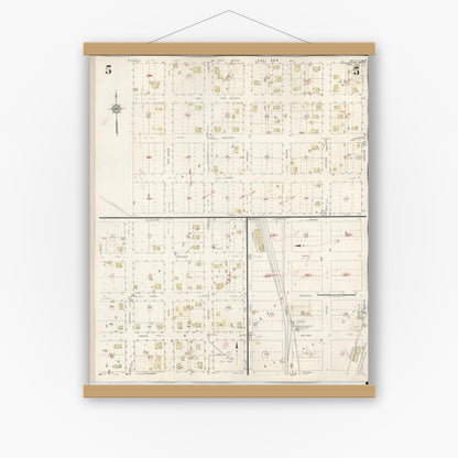 Old map wall art mockup — magnetic wood frame on white wall — Sanborn Fire Insurance Map from Henrietta, Clay County, Texas (1944), Sheet #0005