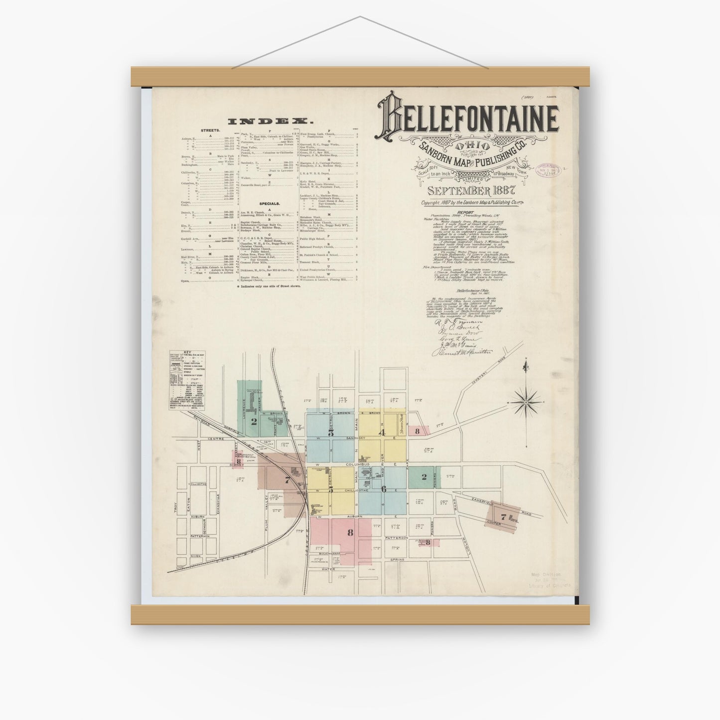 Old map wall art mockup — magnetic wood frame on white wall — Sanborn Fire Insurance Map from Bellefontaine, Logan County, Ohio (1887), Sheet #0001