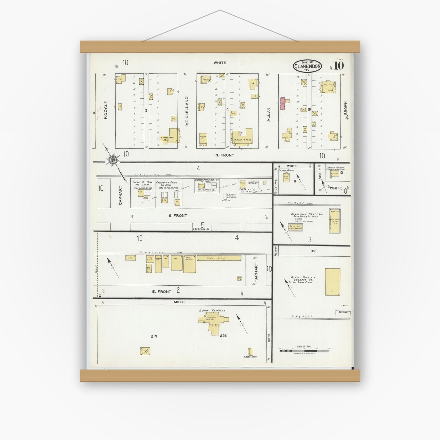Old map wall art mockup — magnetic wood frame on white wall — Sanborn Fire Insurance Map from Clarendon, Donley County, Texas (1921), Sheet #0010