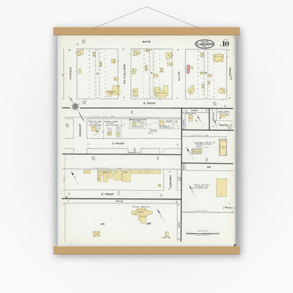 Old map wall art mockup — magnetic wood frame on white wall — Sanborn Fire Insurance Map from Clarendon, Donley County, Texas (1921), Sheet #0010