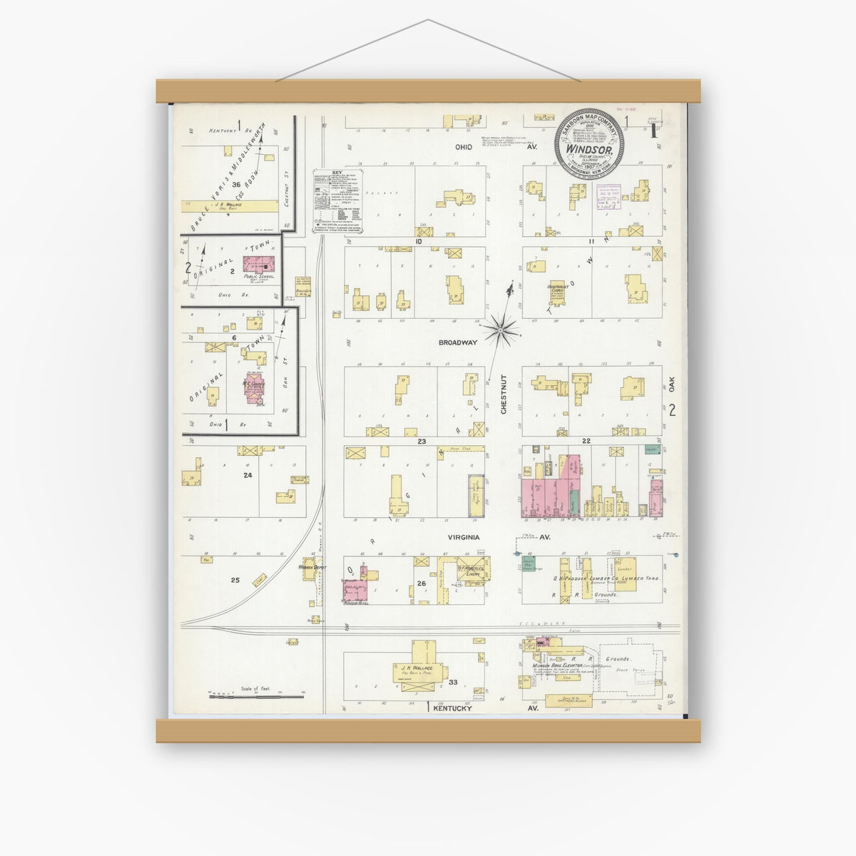 Old map wall art mockup — magnetic wood frame on white wall — Sanborn Fire Insurance Map from Windsor, Shelby County, Illinois (1907), Sheet #0001