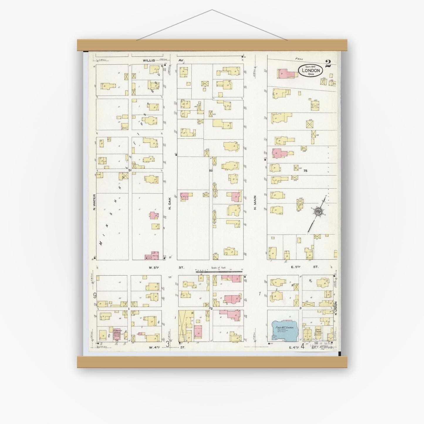 Old map wall art mockup — magnetic wood frame on white wall — Sanborn Fire Insurance Map from London, Madison County, Ohio (1910), Sheet #0002