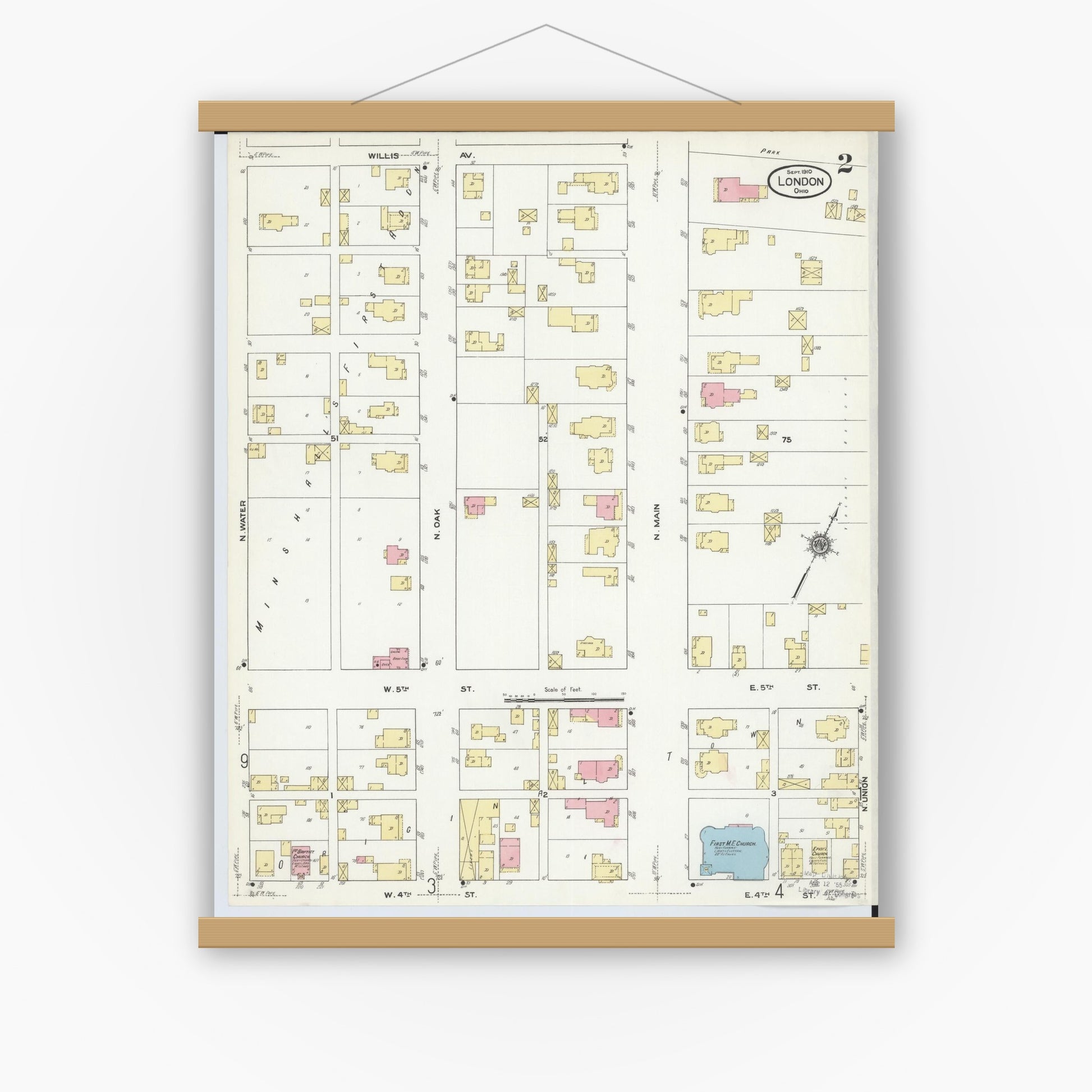 Old map wall art mockup — magnetic wood frame on white wall — Sanborn Fire Insurance Map from London, Madison County, Ohio (1910), Sheet #0002