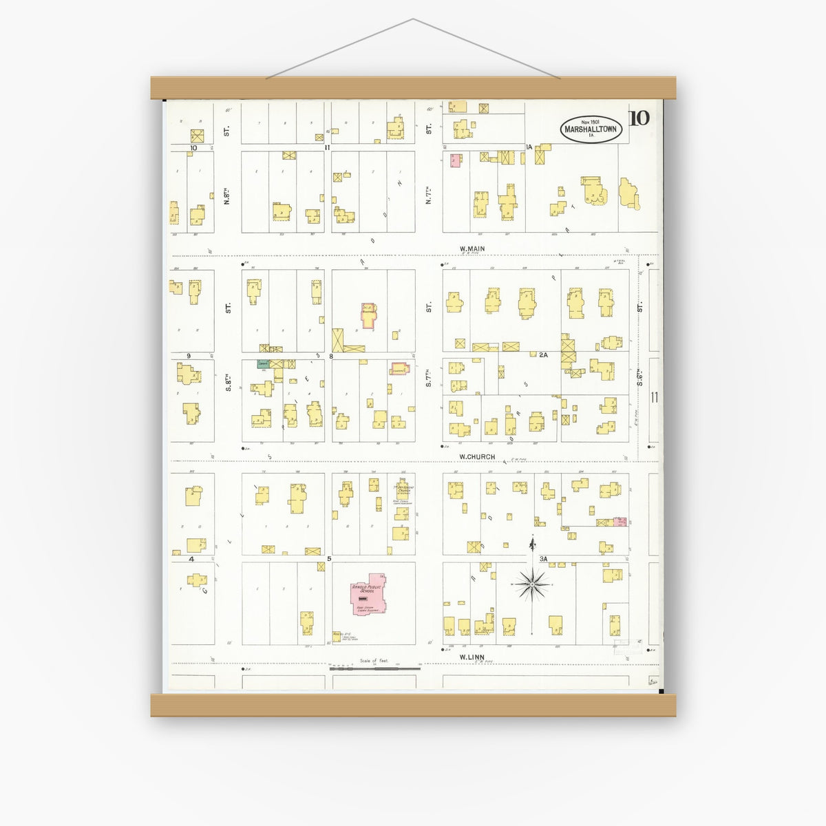 Old map wall art mockup — magnetic wood frame on white wall — Sanborn Fire Insurance Map from Marshalltown, Marshall County, Iowa (1901), Sheet #0010
