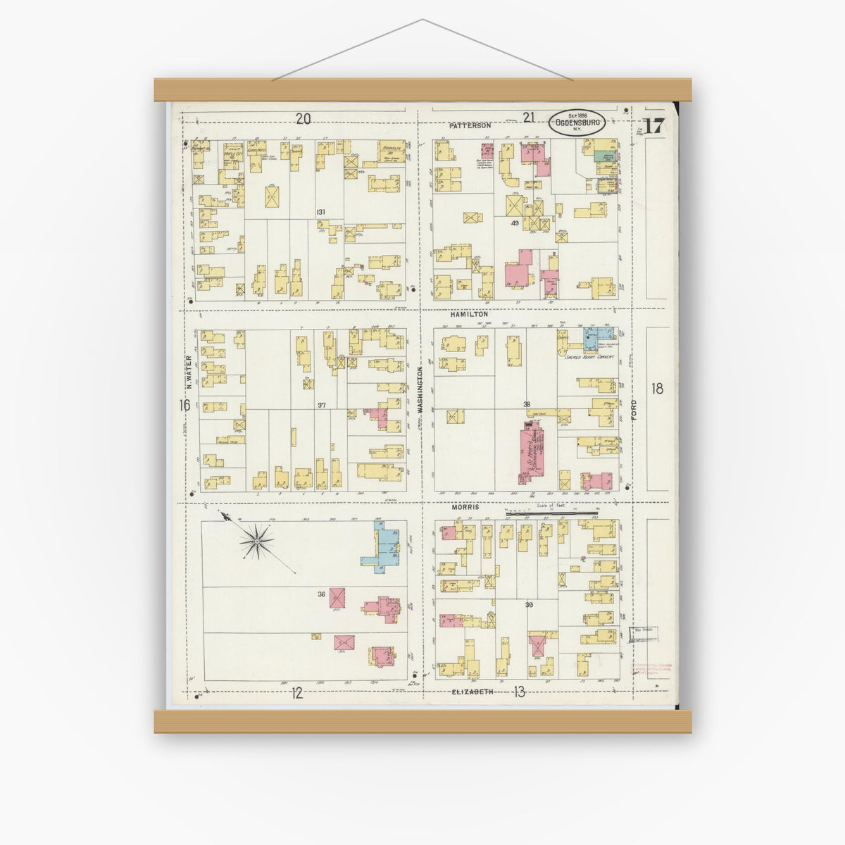 Old map wall art mockup — magnetic wood frame on white wall — Sanborn Fire Insurance Map from Ogdensburg, St. Lawrence County, New York (1898), Sheet #0017