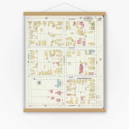 Old map wall art mockup — magnetic wood frame on white wall — Sanborn Fire Insurance Map from Ogdensburg, St. Lawrence County, New York (1898), Sheet #0017