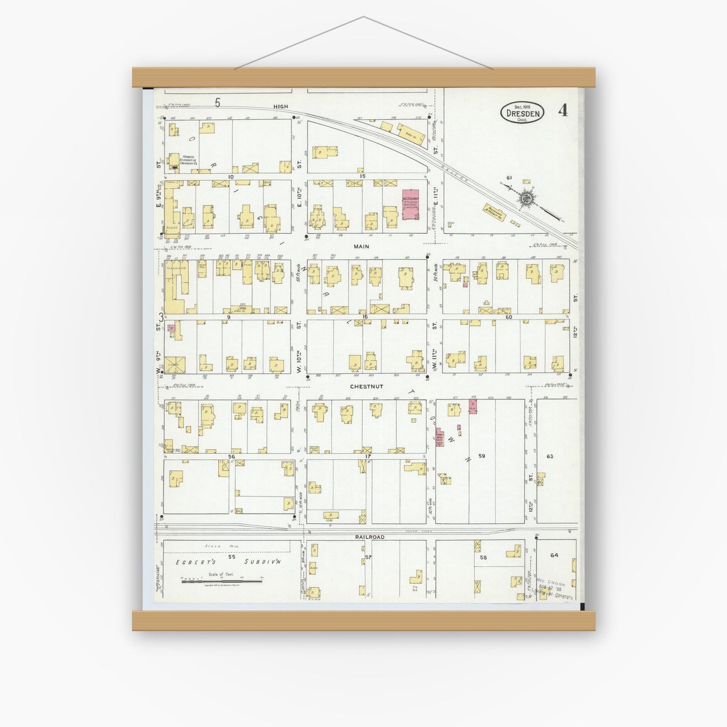 Old map wall art mockup — magnetic wood frame on white wall — Sanborn Fire Insurance Map from Dresden, Muskingum County, Ohio (1918), Sheet #0004