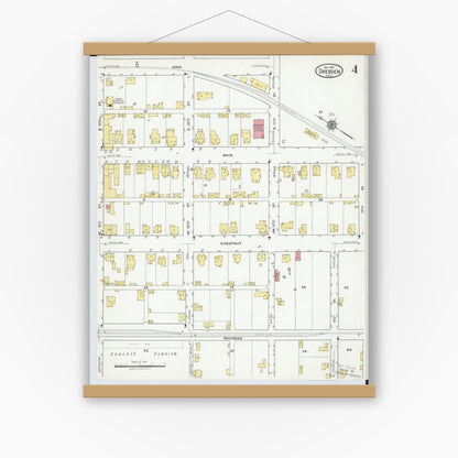 Old map wall art mockup — magnetic wood frame on white wall — Sanborn Fire Insurance Map from Dresden, Muskingum County, Ohio (1918), Sheet #0004