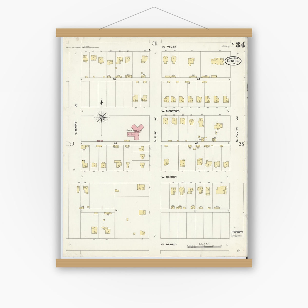 Old map wall art mockup — magnetic wood frame on white wall — Sanborn Fire Insurance Map from Denison, Grayson County, Texas (1908), Sheet #0034
