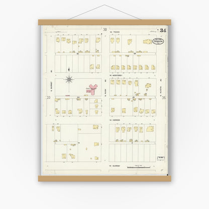 Old map wall art mockup — magnetic wood frame on white wall — Sanborn Fire Insurance Map from Denison, Grayson County, Texas (1908), Sheet #0034