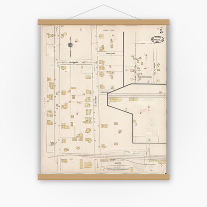 Old map wall art mockup — magnetic wood frame on white wall — Sanborn Fire Insurance Map from Knoxville, Tioga County, Pennsylvania (1934), Sheet #0005