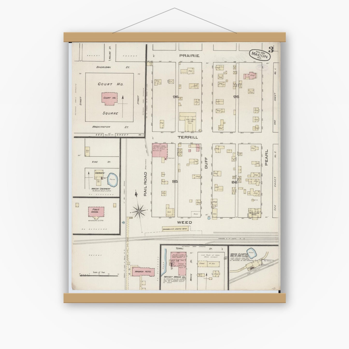 Old map wall art mockup — magnetic wood frame on white wall — Sanborn Fire Insurance Map from Macon, Macon County, Missouri (1885), Sheet #0003