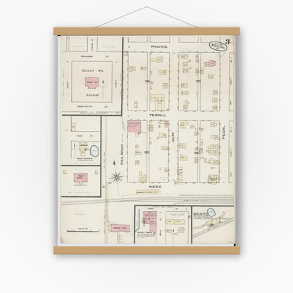 Old map wall art mockup — magnetic wood frame on white wall — Sanborn Fire Insurance Map from Macon, Macon County, Missouri (1885), Sheet #0003