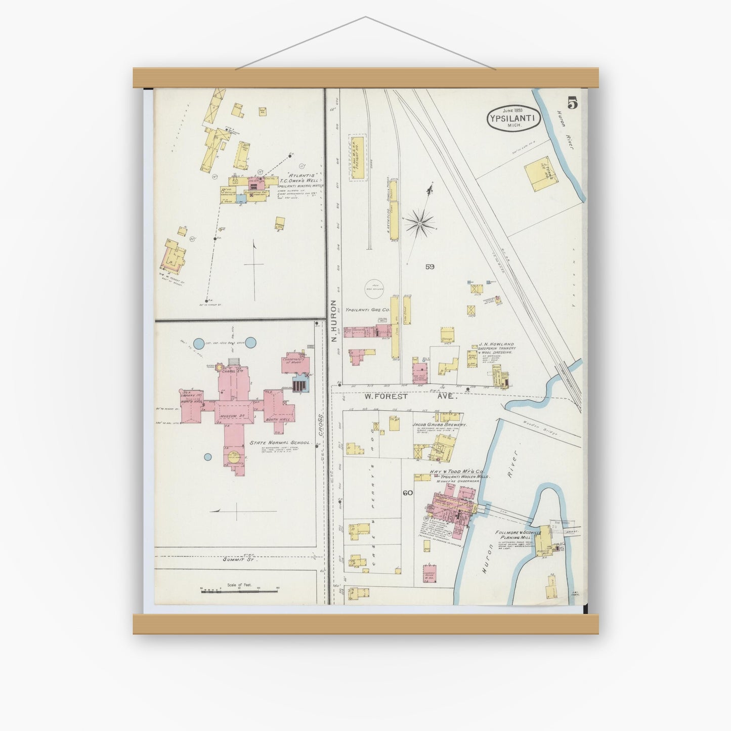 Old map wall art mockup — magnetic wood frame on white wall — Sanborn Fire Insurance Map from Ypsilanti, Washtenaw County, Michigan (1893), Sheet #0005