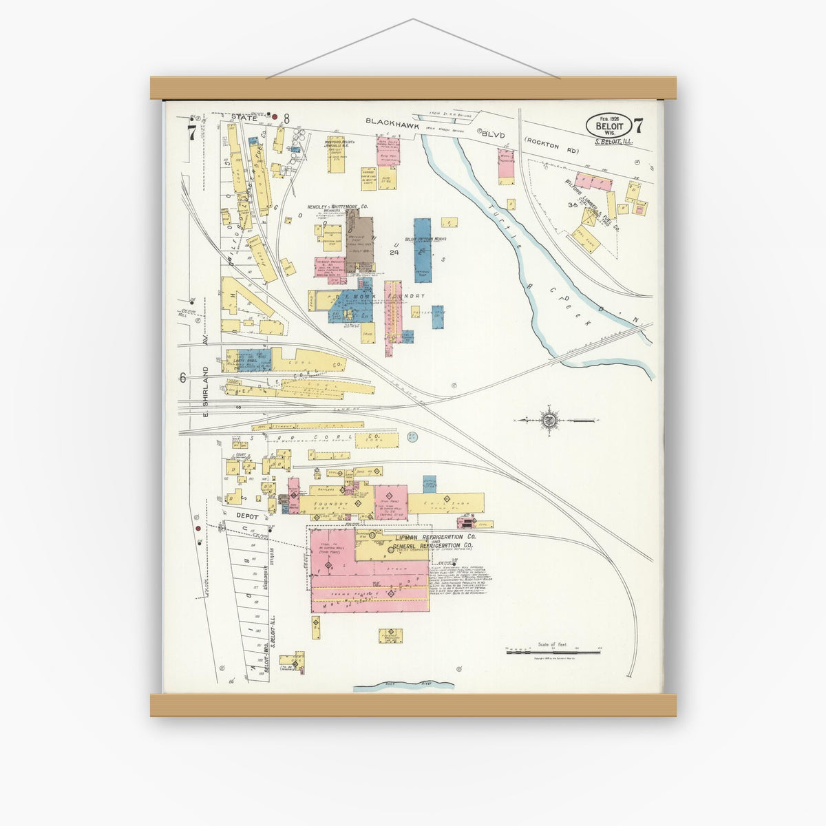 Old map wall art mockup — magnetic wood frame on white wall — Sanborn Fire Insurance Map from Beloit, Rock County, Wisconsin (1926), Sheet #0007