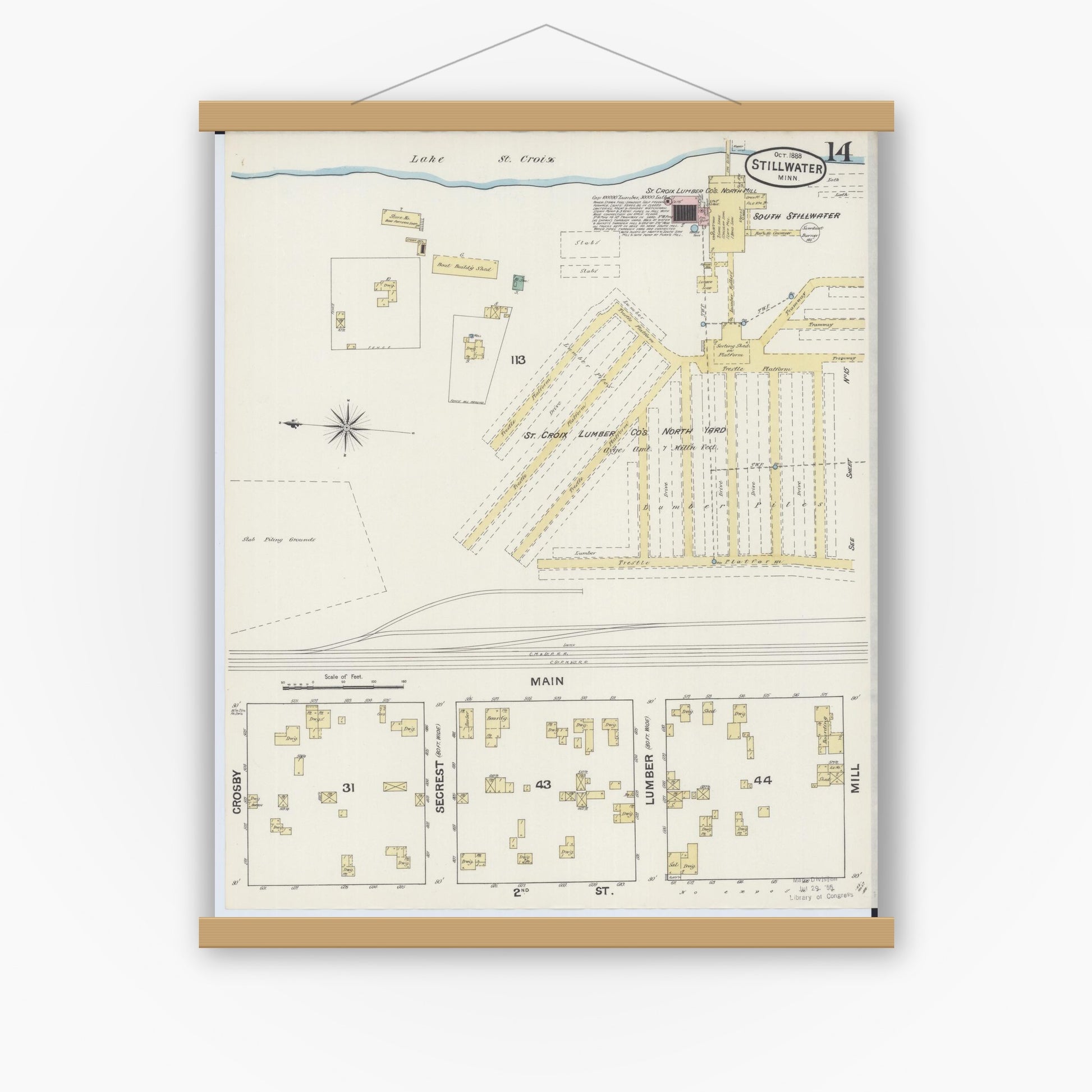 Old map wall art mockup — magnetic wood frame on white wall — Sanborn Fire Insurance Map from Stillwater, Washington County, Minnesota (1888), Sheet #0014