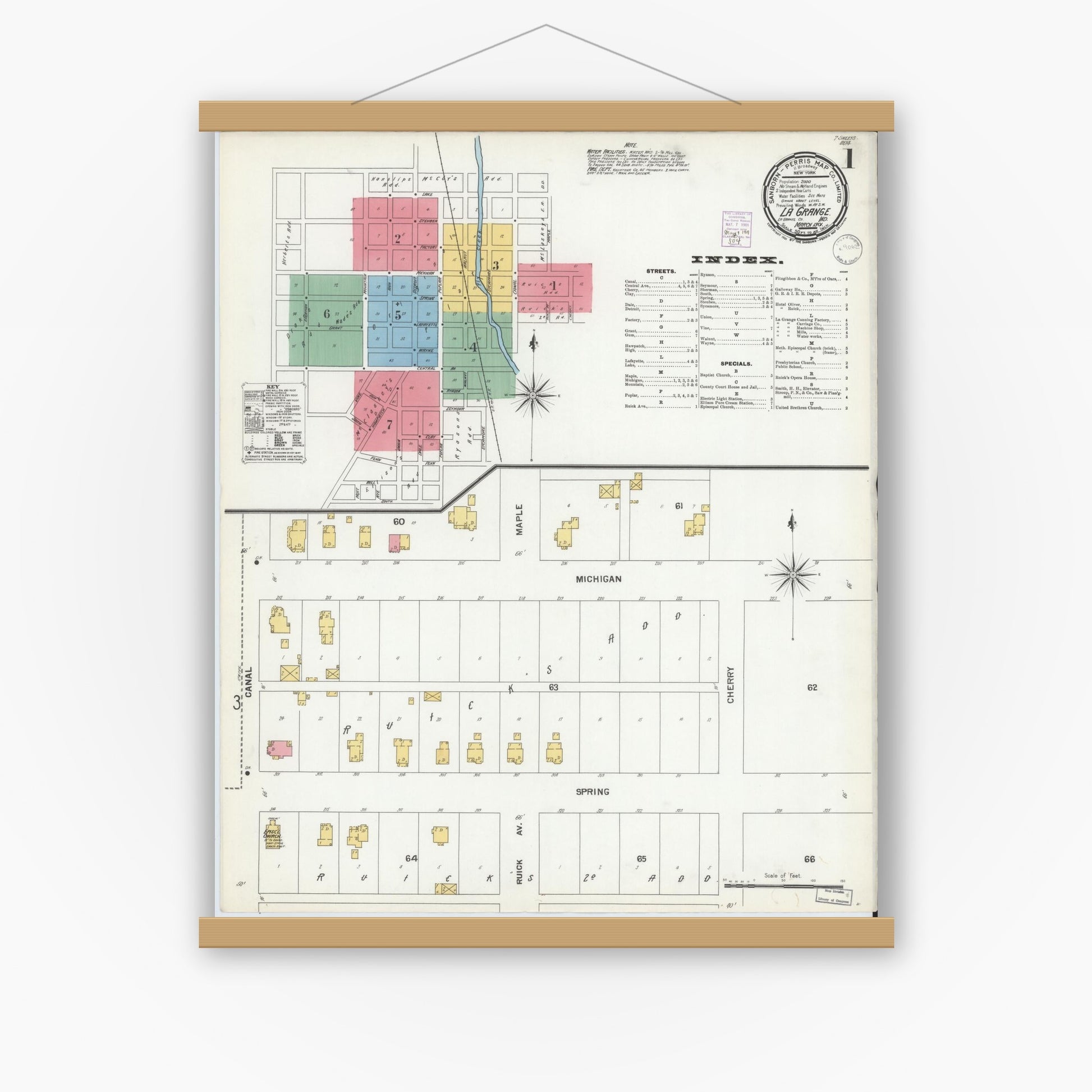 Old map wall art mockup — magnetic wood frame on white wall — Sanborn Fire Insurance Map from Lagrange, LaGrange County, Indiana (1901), Sheet #0001