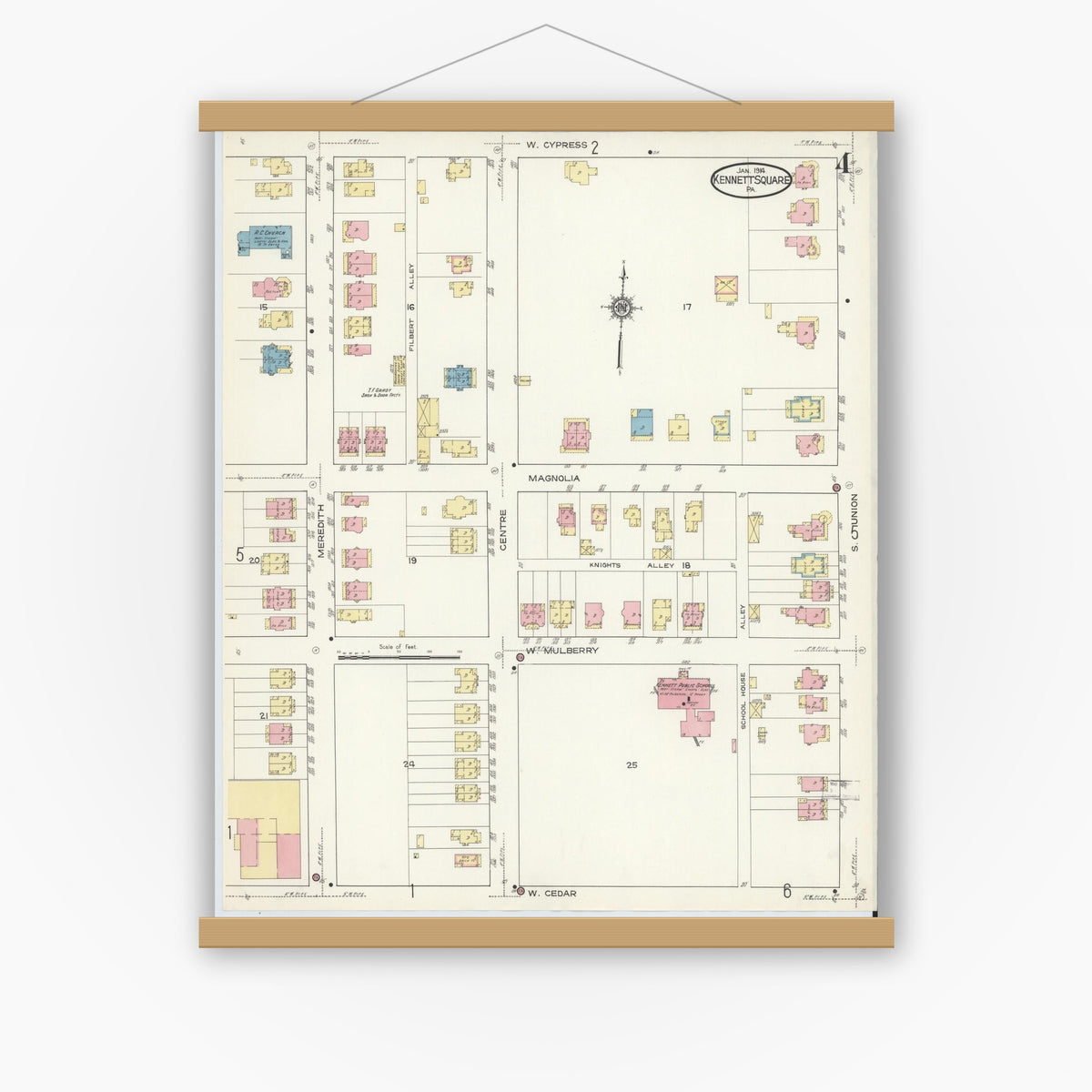 Old map wall art mockup — magnetic wood frame on white wall — Sanborn Fire Insurance Map from Kennett Square, Chester County, Pennsylvania (1914), Sheet #0004