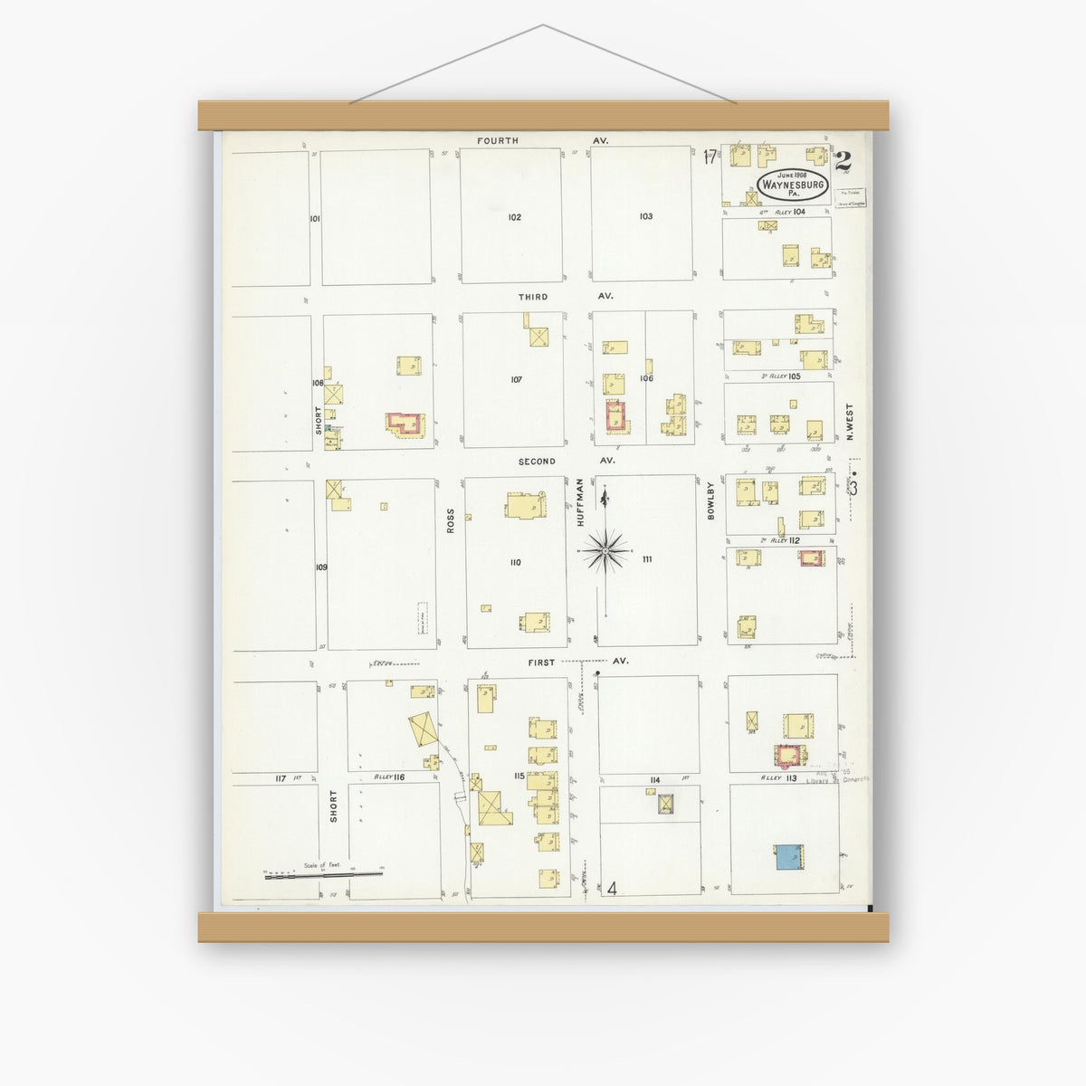 Old map wall art mockup — magnetic wood frame on white wall — Sanborn Fire Insurance Map from Waynesburg, Greene County, Pennsylvania (1908), Sheet #0002