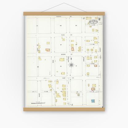 Old map wall art mockup — magnetic wood frame on white wall — Sanborn Fire Insurance Map from Waynesburg, Greene County, Pennsylvania (1908), Sheet #0002