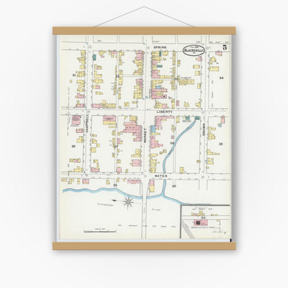 Old map wall art mockup — magnetic wood frame on white wall — Sanborn Fire Insurance Map from Blairsville, Indiana County, Pennsylvania (1892), Sheet #0005