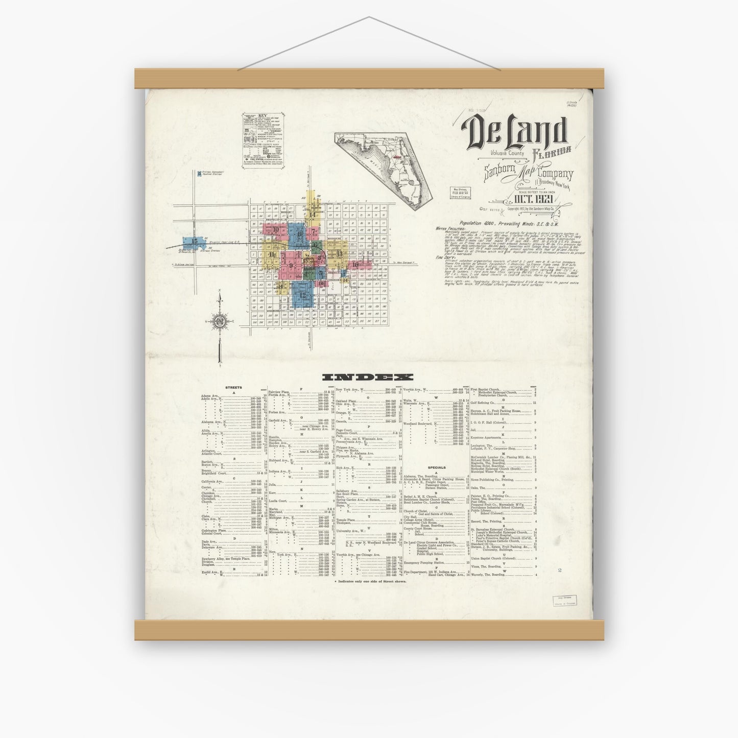 Old map wall art mockup — magnetic wood frame on white wall — Sanborn Fire Insurance Map from De Land, Volusia County, Florida (1921) - Complete Map Set
