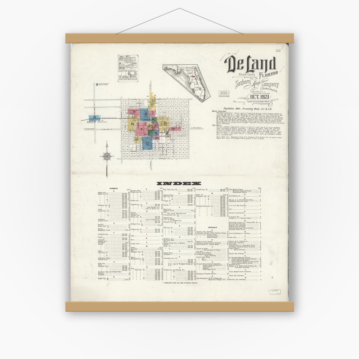 Old map wall art mockup — magnetic wood frame on white wall — Sanborn Fire Insurance Map from De Land, Volusia County, Florida (1921) - Complete Map Set